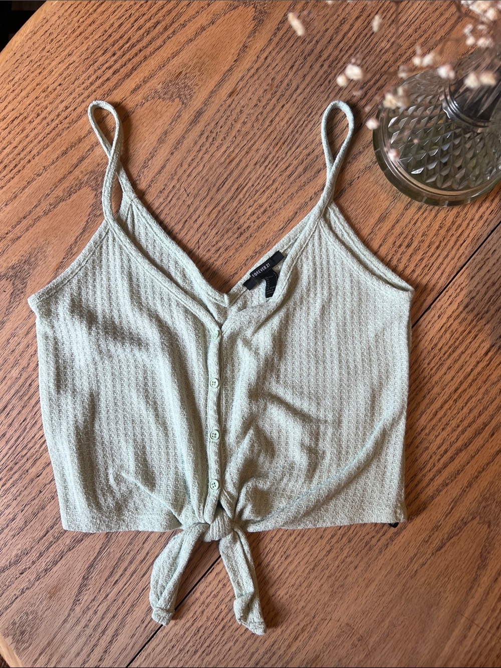 Forever 21 Sage Green Tie-Front Crop Tank Top